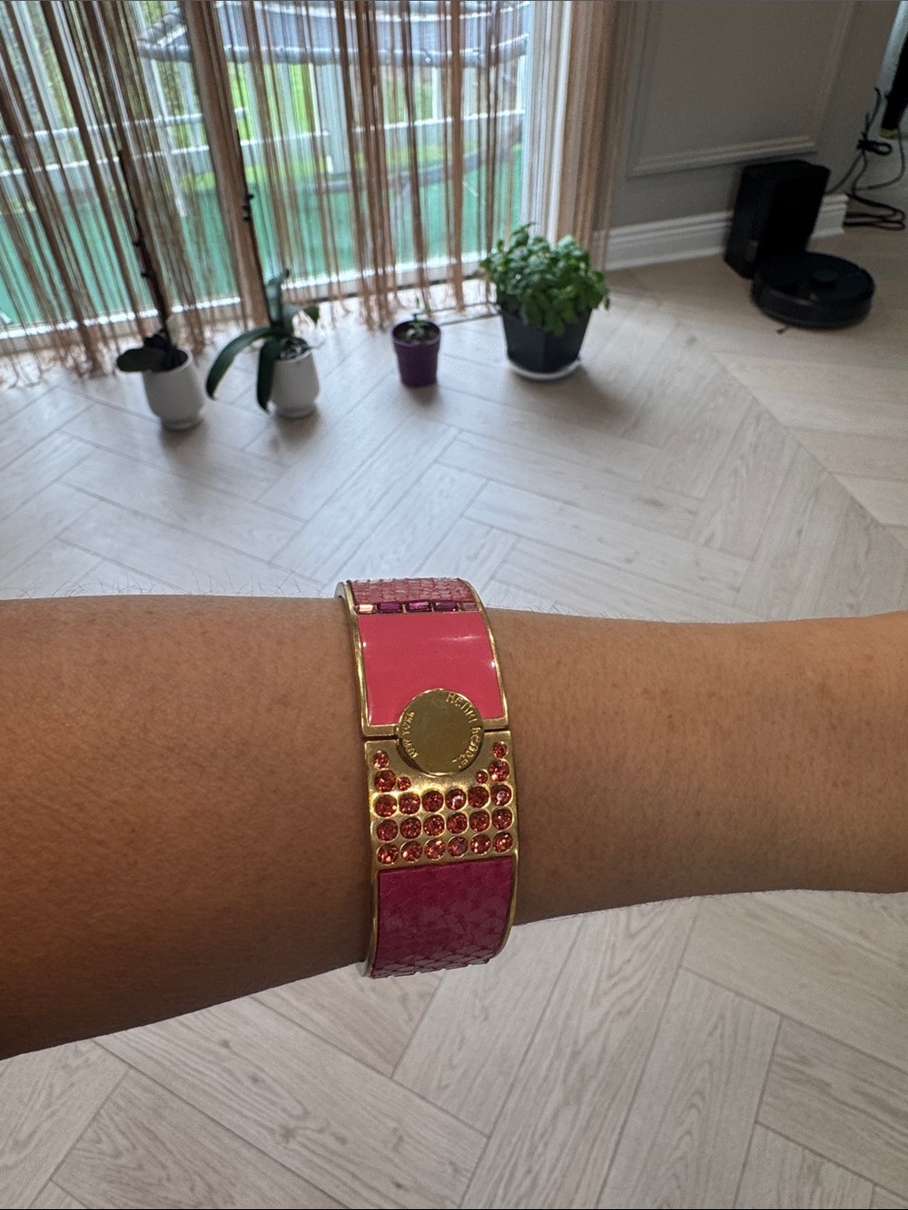 Henri Bendel Gold-Tone Bracelet with Pink Enamel and Crystal Accent